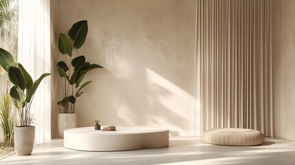 Fototapeta premium A bright room with plants a table and a large curtain