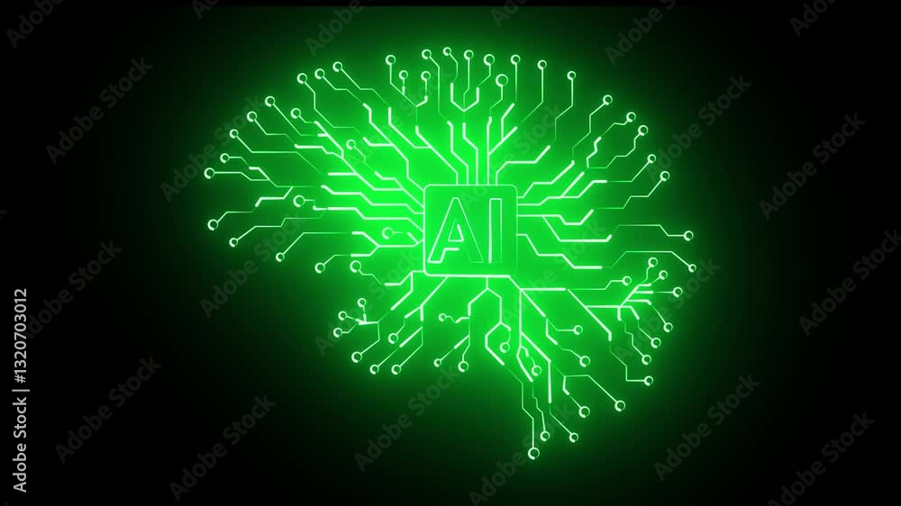 Poster ai glowing neon circuit board with futuristic screen. ai icon animation on black background. compute