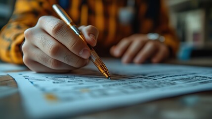 Orange pen, stack of euro banknotes, man filling tax form close up tax prep, financial accounting during tax season.