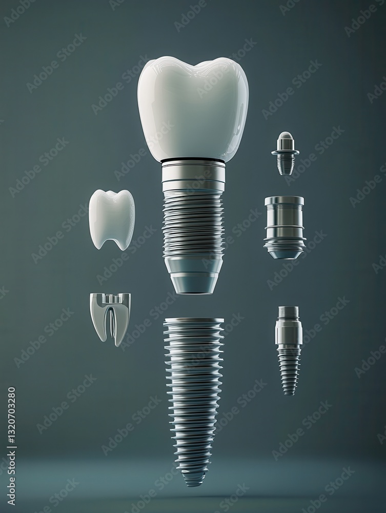 Poster detailed 3d render of a dental implant in exploded view showcasing essential components against a gr