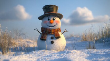 Obraz premium Cheerful snowman in top hat and scarf, standing in snowy field under a bright sky