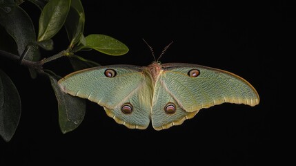 A large, pale green moth with eye spots rests on a dark branch against a black background