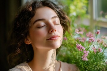 Naklejka premium Beautiful woman with tousled hair in the garden, portrait of a girl looking away from the camera with eyes closed, wearing casual , natural lighting, sunlight rays on her face, a window behind her sur