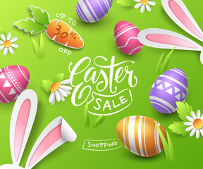 Cartoon cute banner with lettering Easter sale. A green festive flyer background with a carrot, chamomiles, 3D realistic painted eggs, paper cut-out bunny ears. A holiday template for discount offers.