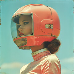 A striking image of a woman wearing a retro pink space helmet, blending futuristic and nostalgic elements that evoke feelings of exploration and curiosity.