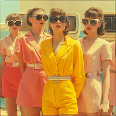 A group of stylish women in retro fashion, exuding confidence while showcasing vintage aesthetics in a contemporary setting with a vibrant background.