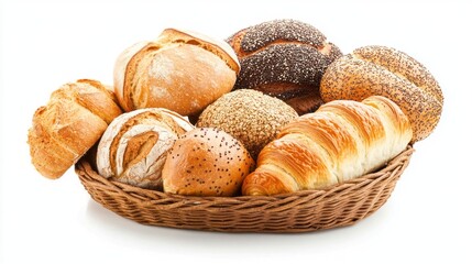 Fototapeta premium A delightful arrangement of various kinds of freshly baked bread showcases their unique shapes and textures within a rustic wicker basket, inviting the senses to indulge