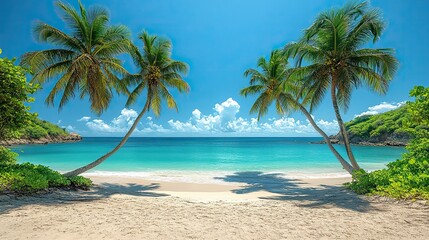 Palm trees four grow on a tropical beach, serene and idyllic, with calm ocean and clear blue sky.