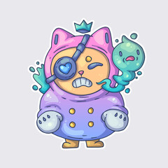 A cat in a hoodie with an eye patch. Cartoon vector character. Trendy style. Vector illustration.