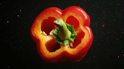 Halved red bell pepper on dark background