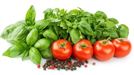 Fresh basil, ripe red tomatoes, and peppercorns