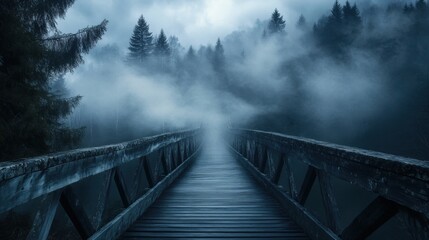 Obraz premium Misty forest bridge at night