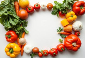 Vibrant fresh vegetables arranged in a round frame on a white table for a healthy vegetarian salad,  food photography,  antioxidant