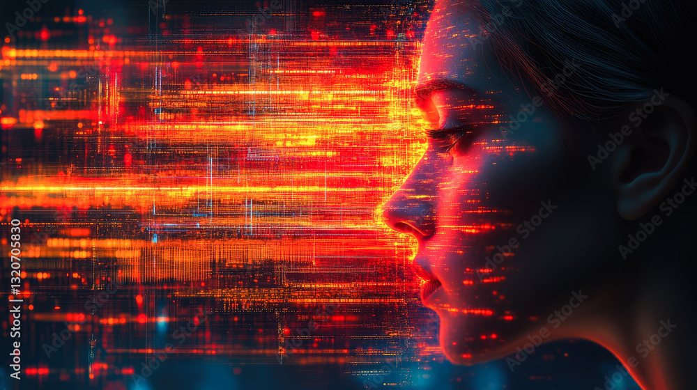 Poster a side profile of a figure surrounded by vibrant digital patterns, exploring the intersection of hum