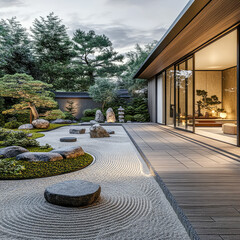 Obraz premium A serene Japanese Zen garden featuring meticulously arranged stones, lush greenery, and a tranquil atmosphere ideal for meditation and relaxation.