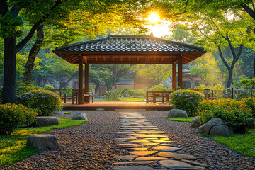 Fototapeta premium A charming garden pavilion illuminated by the warm glow of sunset, surrounded by vibrant flowers and a stone pathway leading to tranquility.