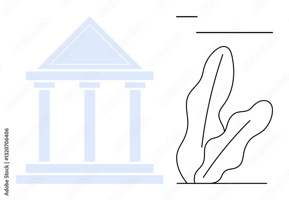Poster classical building facade with columns in muted tones paired with outlined plant leaves and linear a