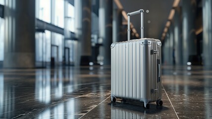 modern travel suitcase in an airport, copy space