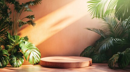 Obraz premium A circular platform is surrounded by large tropical green plants