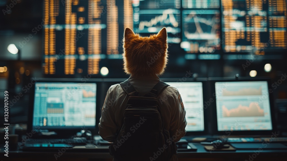 Aufkleber A trader in a cat hat stands in front of multiple computer screens, displaying stock market data and charts during a bustling late-night trading session.