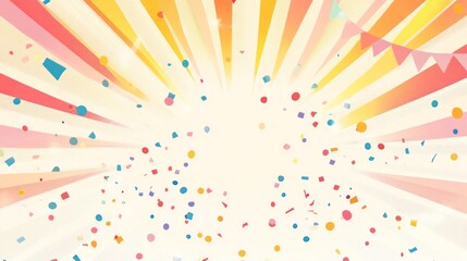 Festive burst of colorful confetti and rays, celebratory bunting