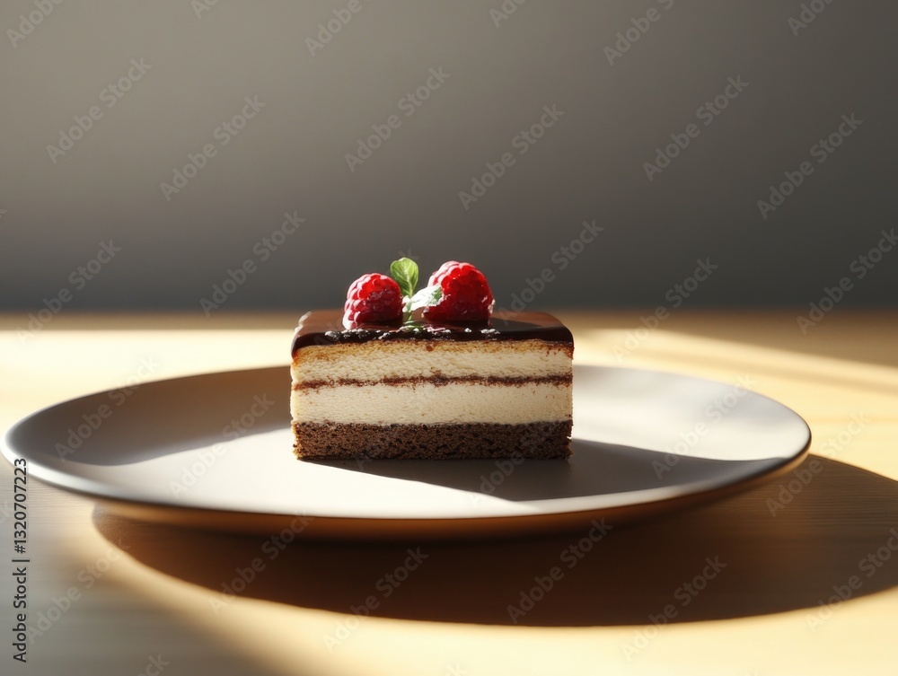 Poster a slice of cake sitting on a plate on a table, ready to be served