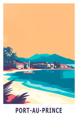 Port Au Prince, Haiti illustrated poster in retro style. Vintage travel booklet, brochure, postcard, print, cover with seaside panorama