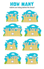 Obraz premium counting or puzzle activity for children, sections of a wooden fence with playful rabbit ears peeking over the top