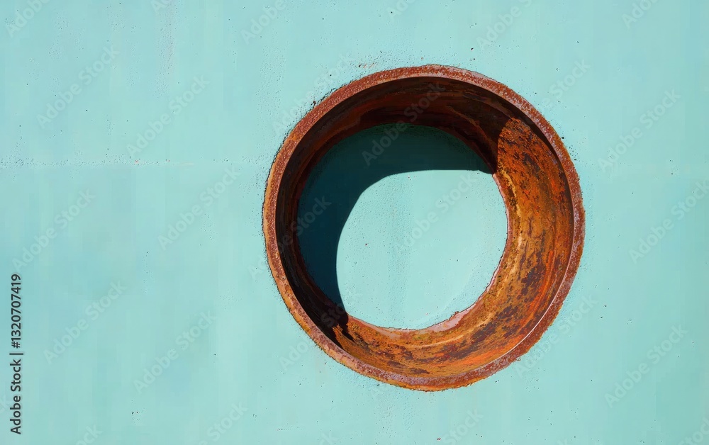 Poster rusty circular metal object on a teal surface. close-up shot highlighting texture and color contrast