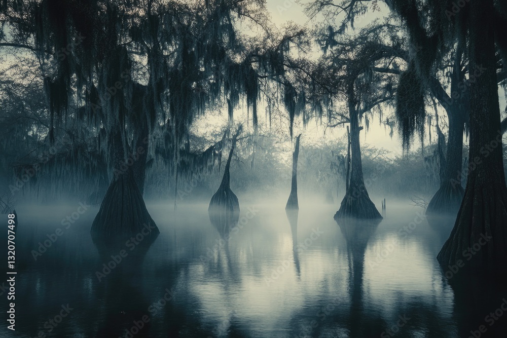 Poster group of trees submerged in water, possible flood or lake scene