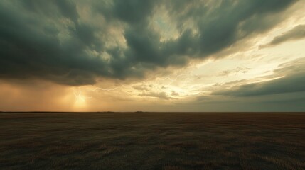 Fototapeta premium Dramatic sunset over flatlands with lightning strike
