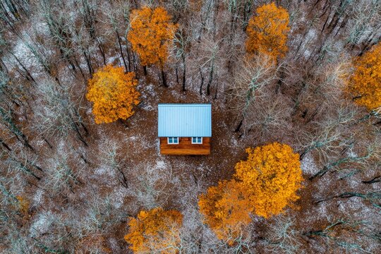 Aerial view of a cozy cabin surrounded by vibrant autumn trees
