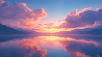 Fototapeta premium Serene sunrise over a calm lake with reflections of clouds