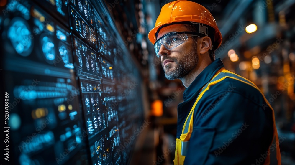 Fototapete A worker in a hard hat and safety glasses interacts with advanced control panels in a manufacturing plant. The environment features automated machinery and displays showing real-time data.