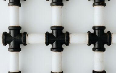 Abstract image of black and white pipes arranged in a grid pattern against a light background. The pipes are connected in a cross-shaped formation, creating a repetitive design. The image is clean