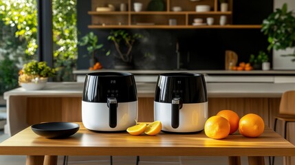 Fresh Ingredients and Modern Air Fryers in Stylish Kitchen Setting with Natural Light