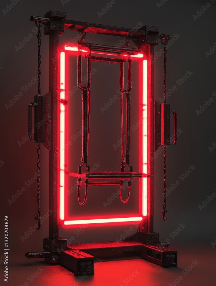 Poster A red neon frame with chains suspended from it
