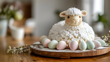 A freshly baked Easter lamb cake with a generous layer of powdered sugar, placed on a wooden serving platter with a few pastel-colored eggs for a charming holiday look.A freshly baked Easter lamb cake