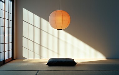 Sunlight streams into a minimalist room, illuminating a large round paper lantern hanging from the ceiling. A dark gray zabuton cushion rests on a tatami mat floor, creating a serene and peaceful