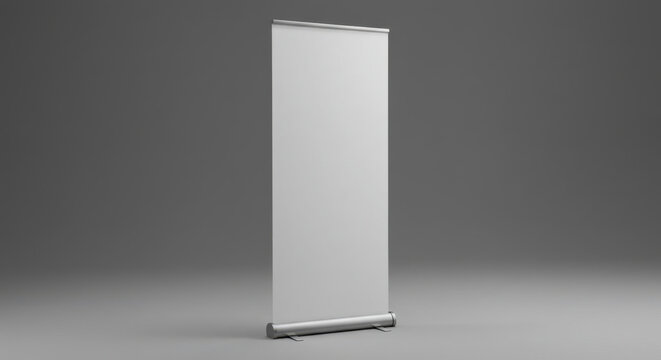 Blank white roll-up pop-up pull-up stand banner, poster mockup template isolated on clean neutral grey studio set backdrop, advert, promo, marketing, trade show, expo, presentation, workshop event