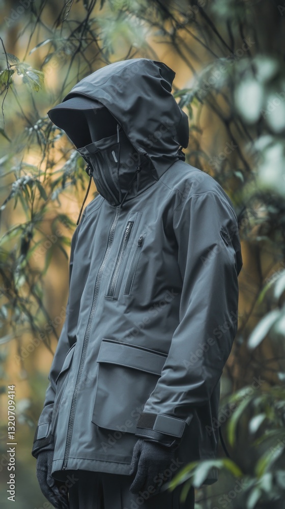 Poster a person wearing a rain jacket stands in a forest, surrounded by trees and foliage