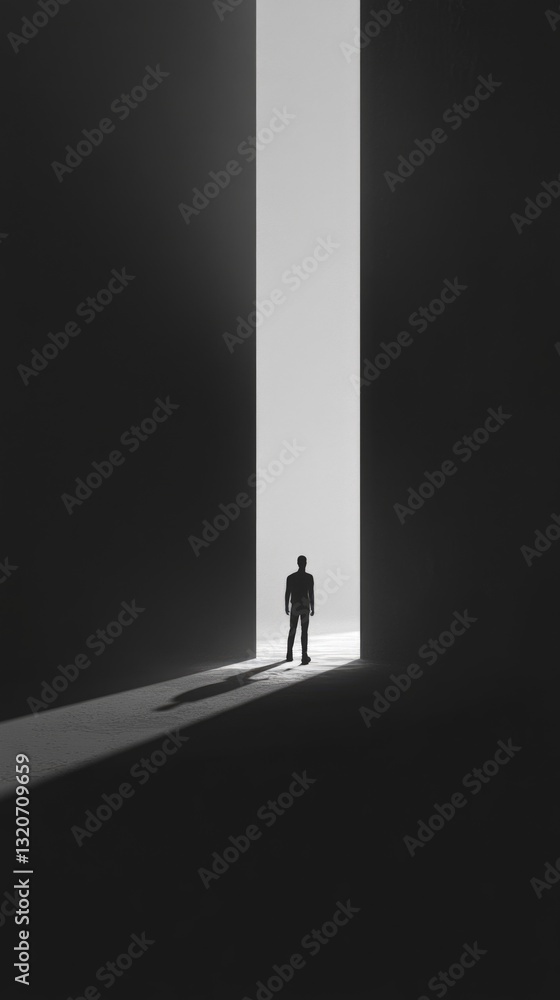Poster A person standing in a dimly lit space with a light source visible from outside