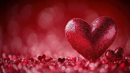 Fototapeta premium Red glitter heart with smaller hearts on red background
