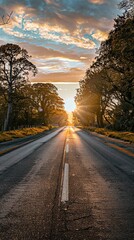 Obraz premium Driving on Road Through Trees at Sunset with Sunlight Reflection