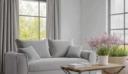 Comfortable living room with modern decor and greenery in a bright space