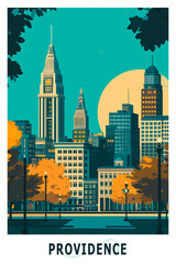 Fototapeta premium Providence USA, Rhode Island state illustrated poster in retro style. Vintage travel booklet, postcard, print, cover with scenic skyline, skyscrapers