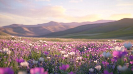 Fototapeta premium Serene sunset over a vast field of wildflowers and rolling hills