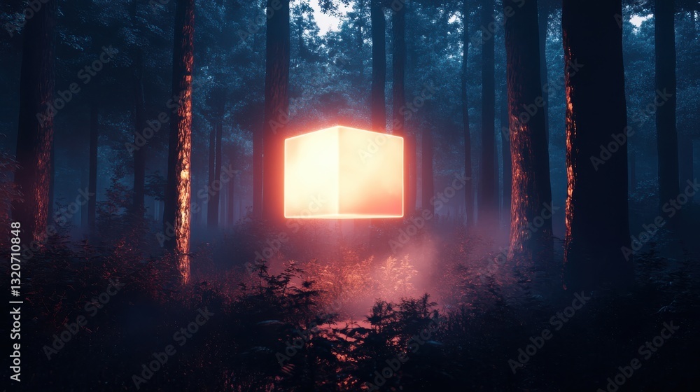 Poster ethereal mist surrounds glowing cube in enchanted forest at night, illuminating trees and fog with s