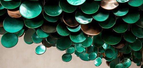 A Mesmerizing Cascade Of Jade-green And Bronze Discs, A Captivating Art Installation Evoking The Serene Beauty Of A Hidden Underwater Grotto, Subtly Illuminated Against A Neutral Backdrop