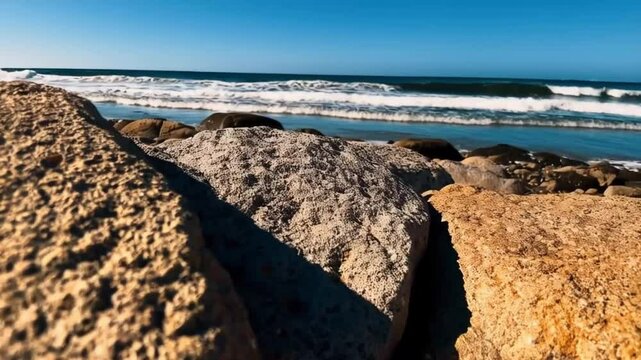 Scenic Beach View with Ocean Waves and Rocky Shoreline slow motion